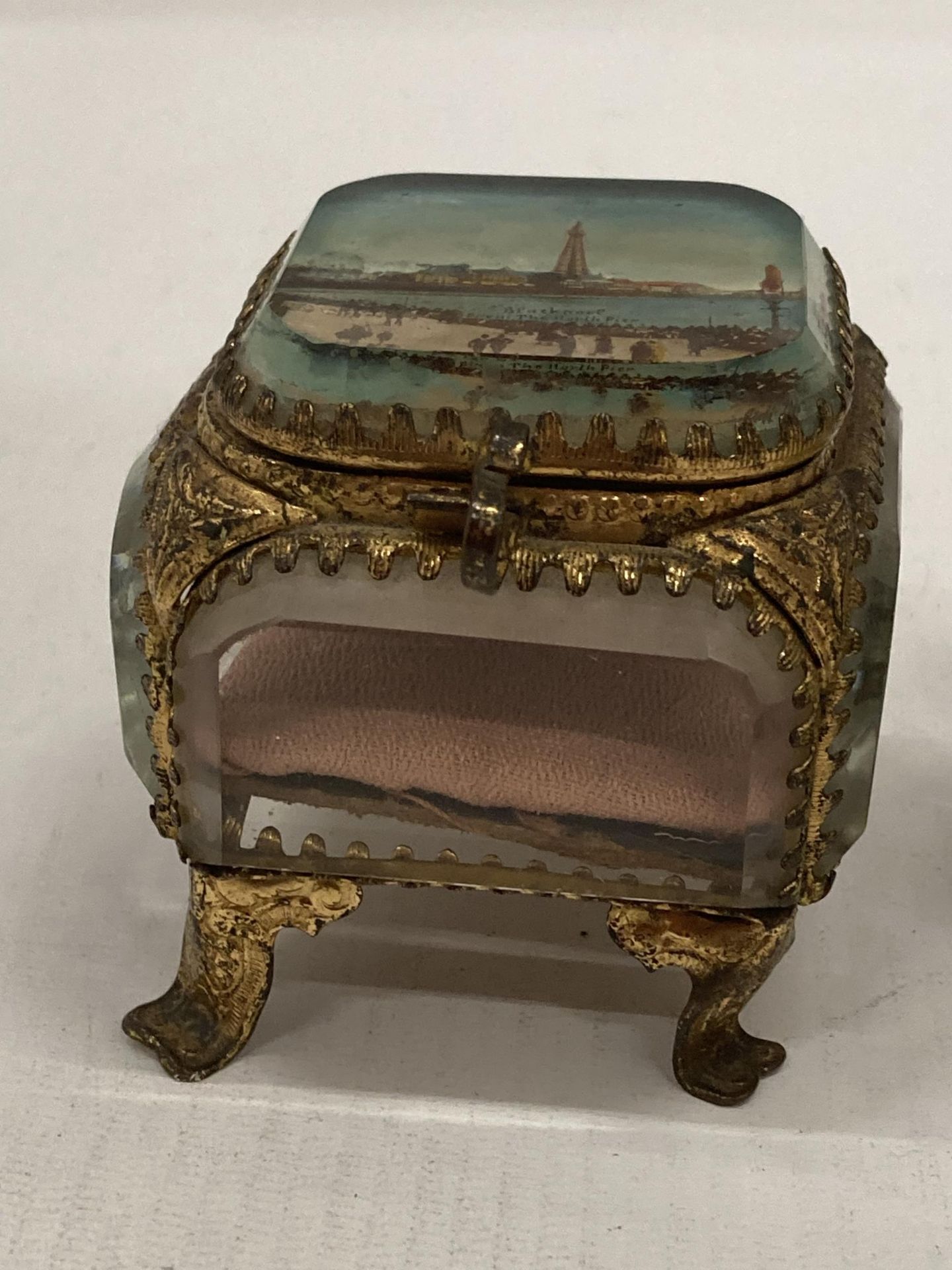 TWO EARLY 20TH CENTURY GILT DESIGN TINKET BOXES - ONE WITH IMAGE OF BLACKPOOL FROM THE NORTH TIER, - Image 2 of 6