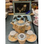 AN ORANGE LUSTRE COFFEE SET TO INCLUDE A COFFEE POT, SUGAR BASIN CUPS AND SAUCERS PLUS A SET OF