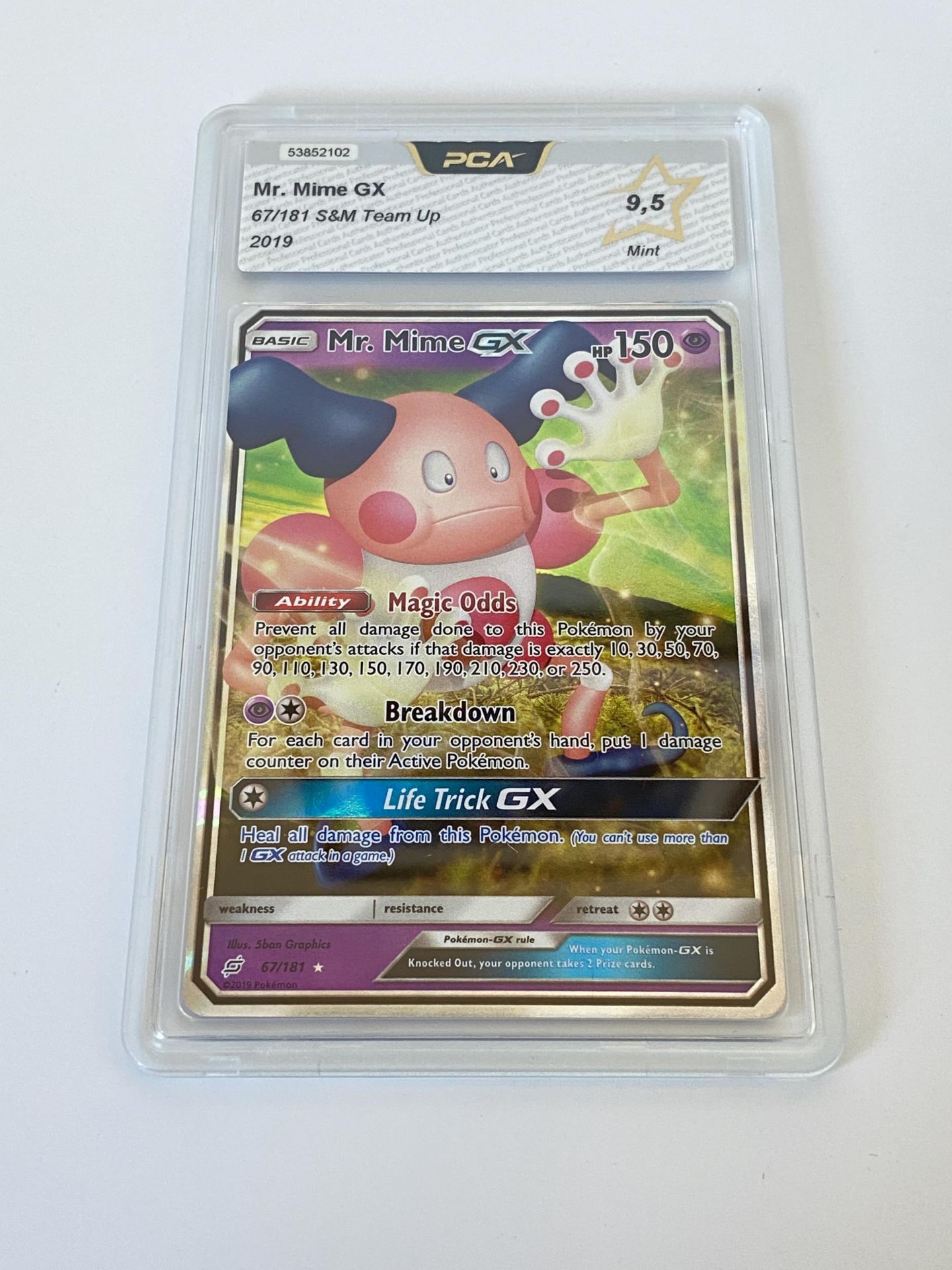 A GRADED POKEMON CARD - MR. MIME GX 67/181 S&M TEAM UP - PCA GRADE - 9.5