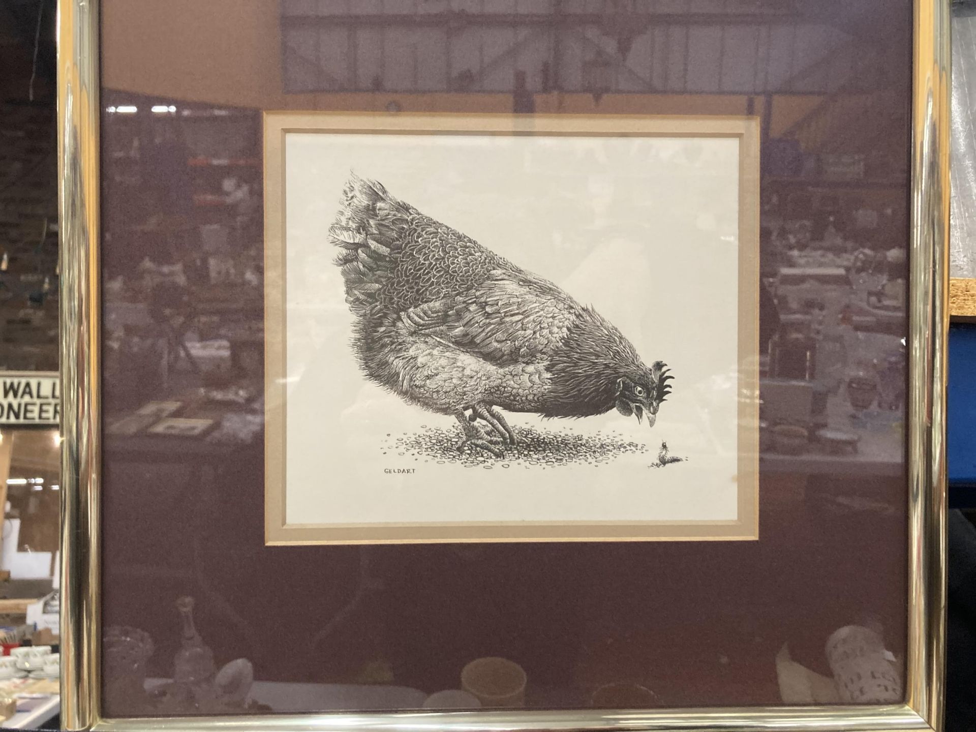 A GELDART PRINT OF A CHICKEN AND A CATERPILLAR 33CM X 32CM