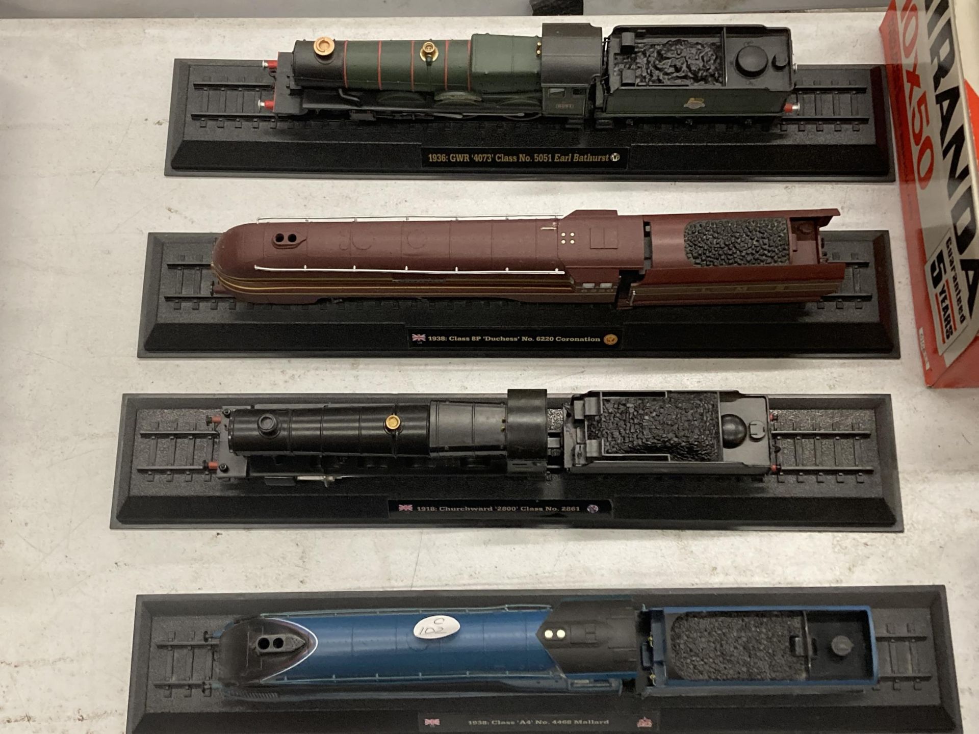 FOUR BRITISH TRAIN MODELS TO INCLUDE MALLARD, CHURCHWOOD, DUCHESS AND EARL BATHURST