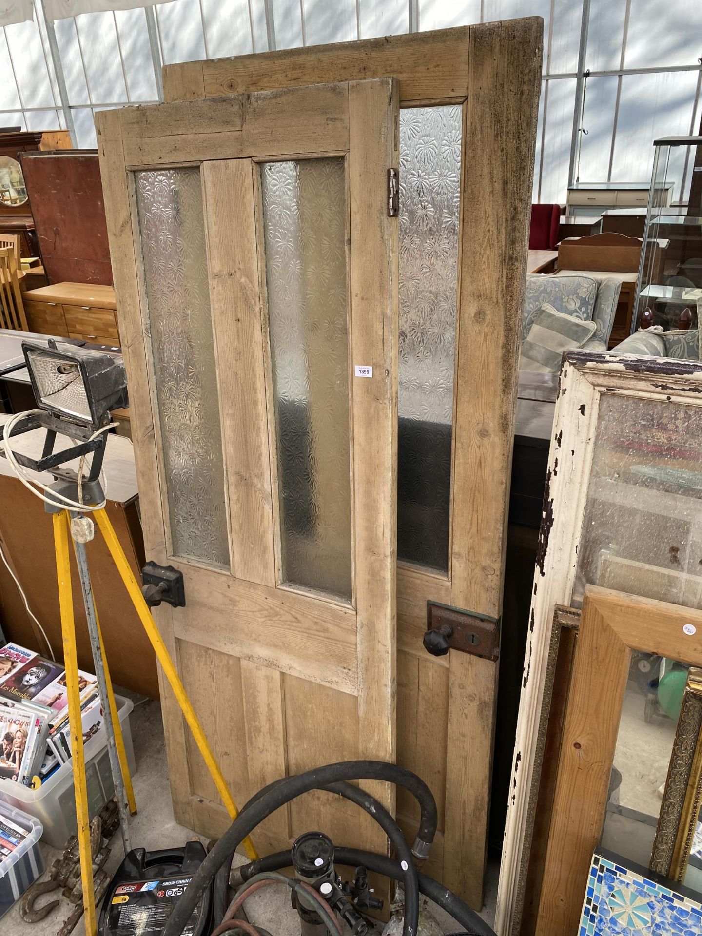 A PAIR OF PINE DOORS WITH GLAZED UPPER PORTION