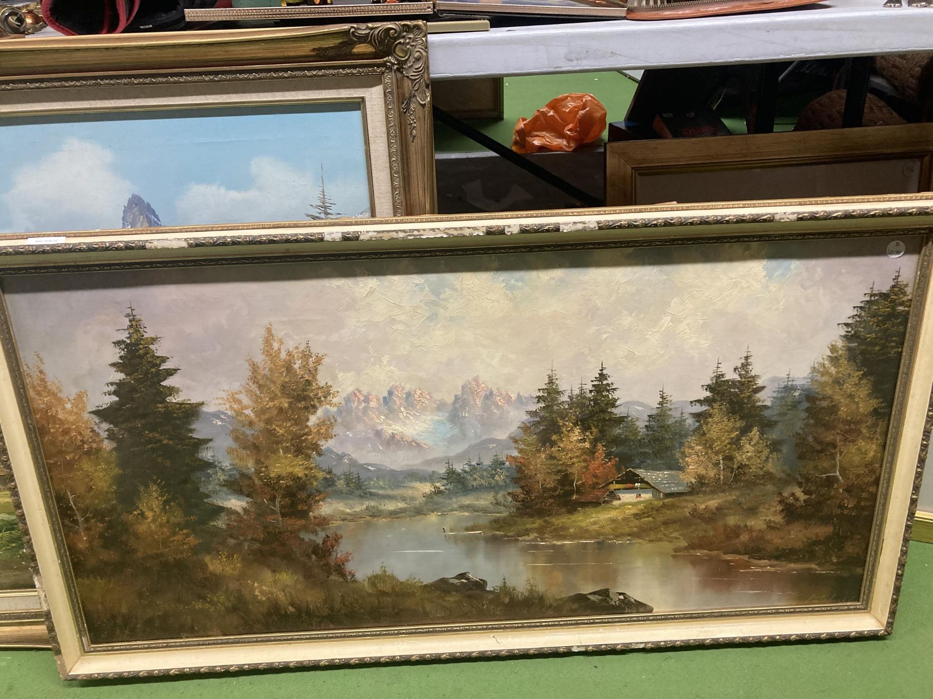 TWO LARGE FRAMED OIL ON CANVAS MOUNTAIN SCENES - Image 2 of 3