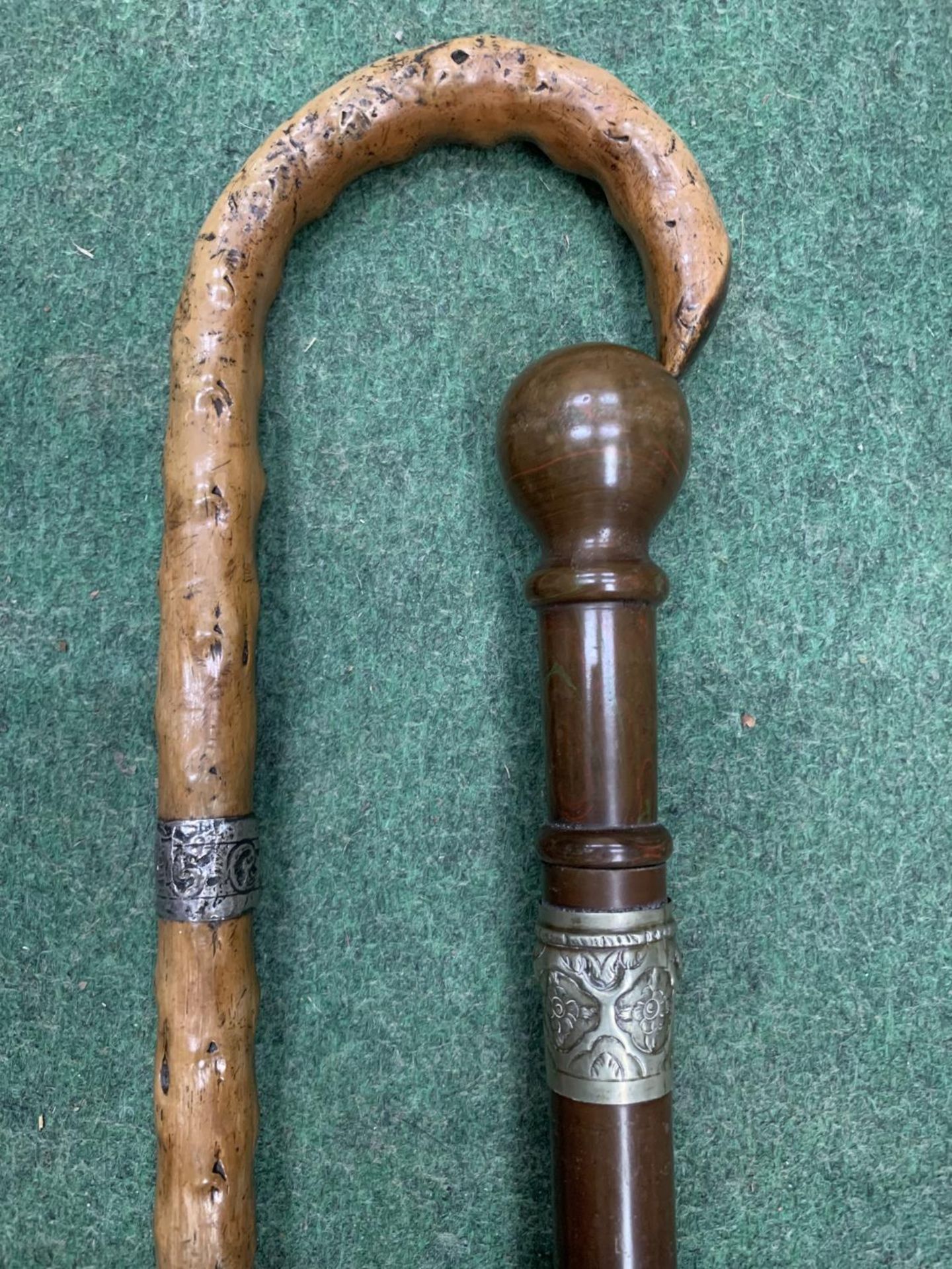 TWO VINTAGE WALKING STICKS WITH WHITE METAL COLLARS, ONE IS INSCRIBED SIMEON GRUNDY, 1875 AND HAS - Image 2 of 2