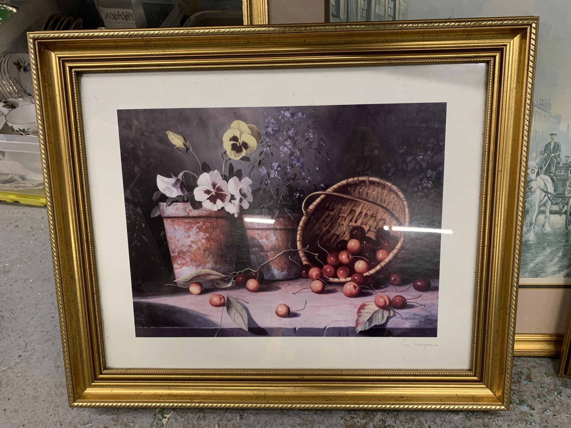 THREE GILT FRAMED PRINTS, TWO STILL LIFE FLOWERS AND FRUITS, THE OTHER A VICTORIAN STREET SCENE - Image 2 of 6