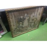 A FRAMED FINE NEEDLE TAPESTRY OF A VICTORIAN SCENE - 83 X 70 CM