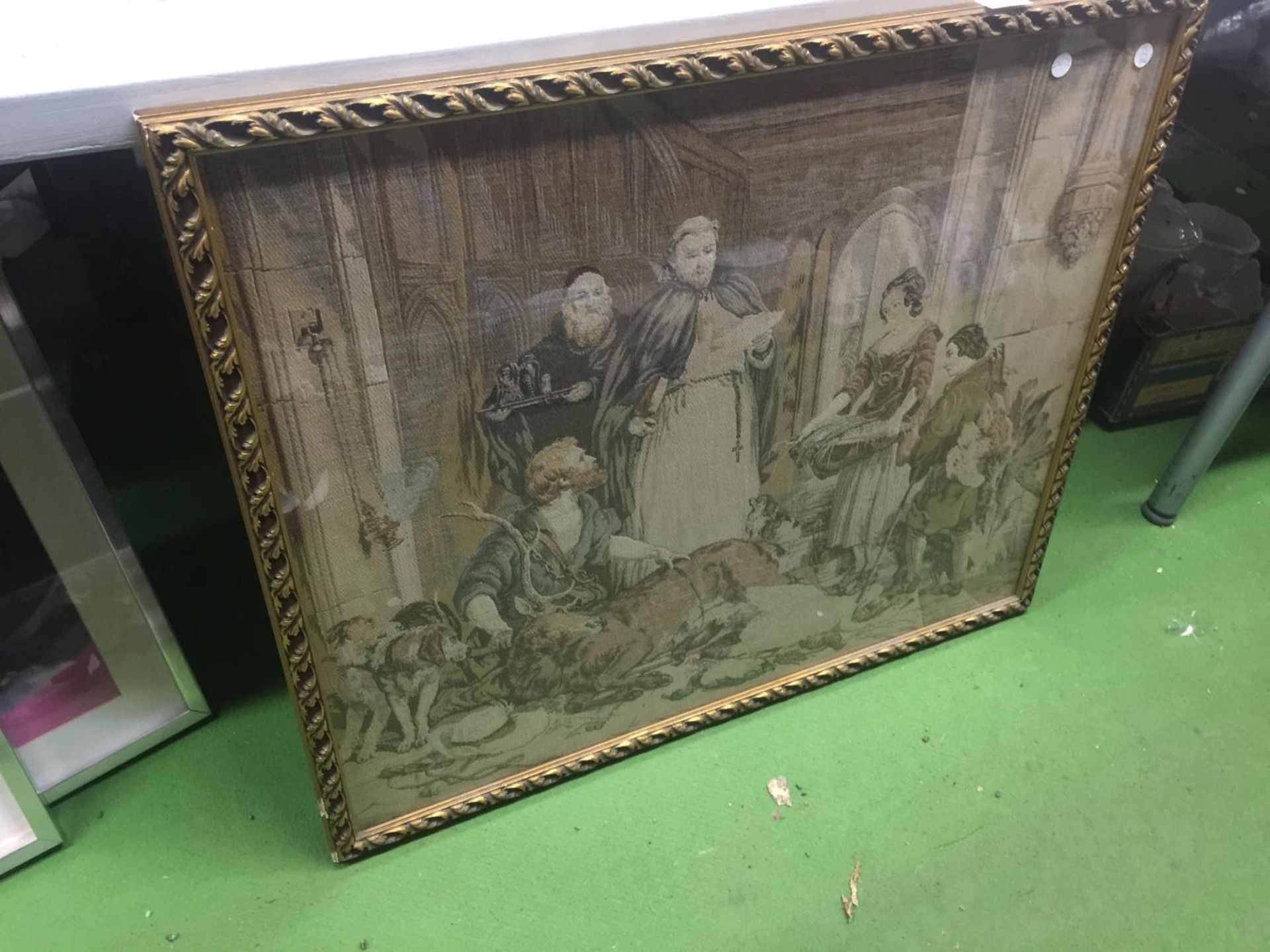 A FRAMED FINE NEEDLE TAPESTRY OF A VICTORIAN SCENE - 83 X 70 CM