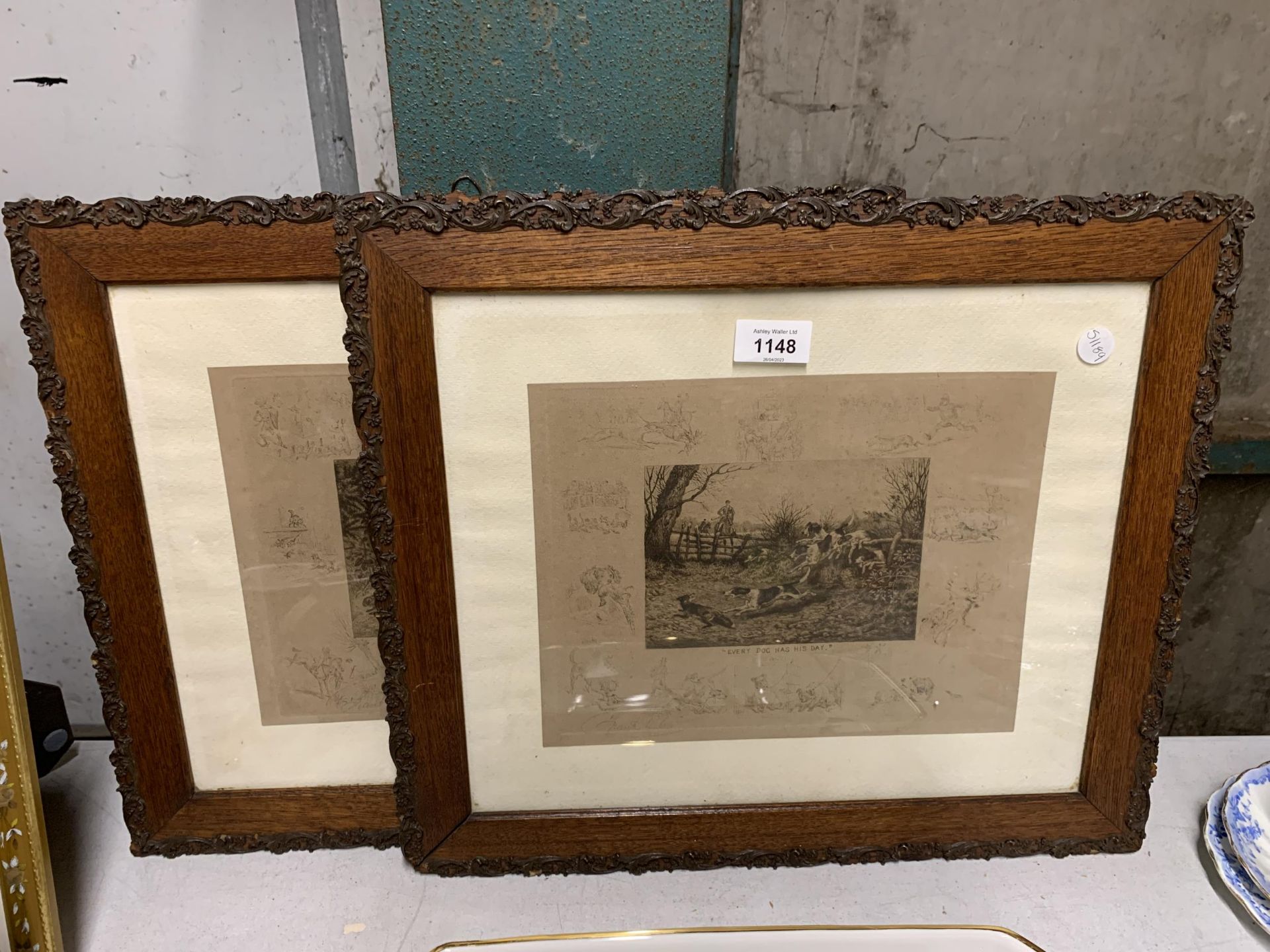 TWO VINTAGE MAHOGANY FRAMED PRINTS OF HUNTING SCENES 'EVERY DOG HAS HIS DAY' AND 'NOTICE TO QUIT'