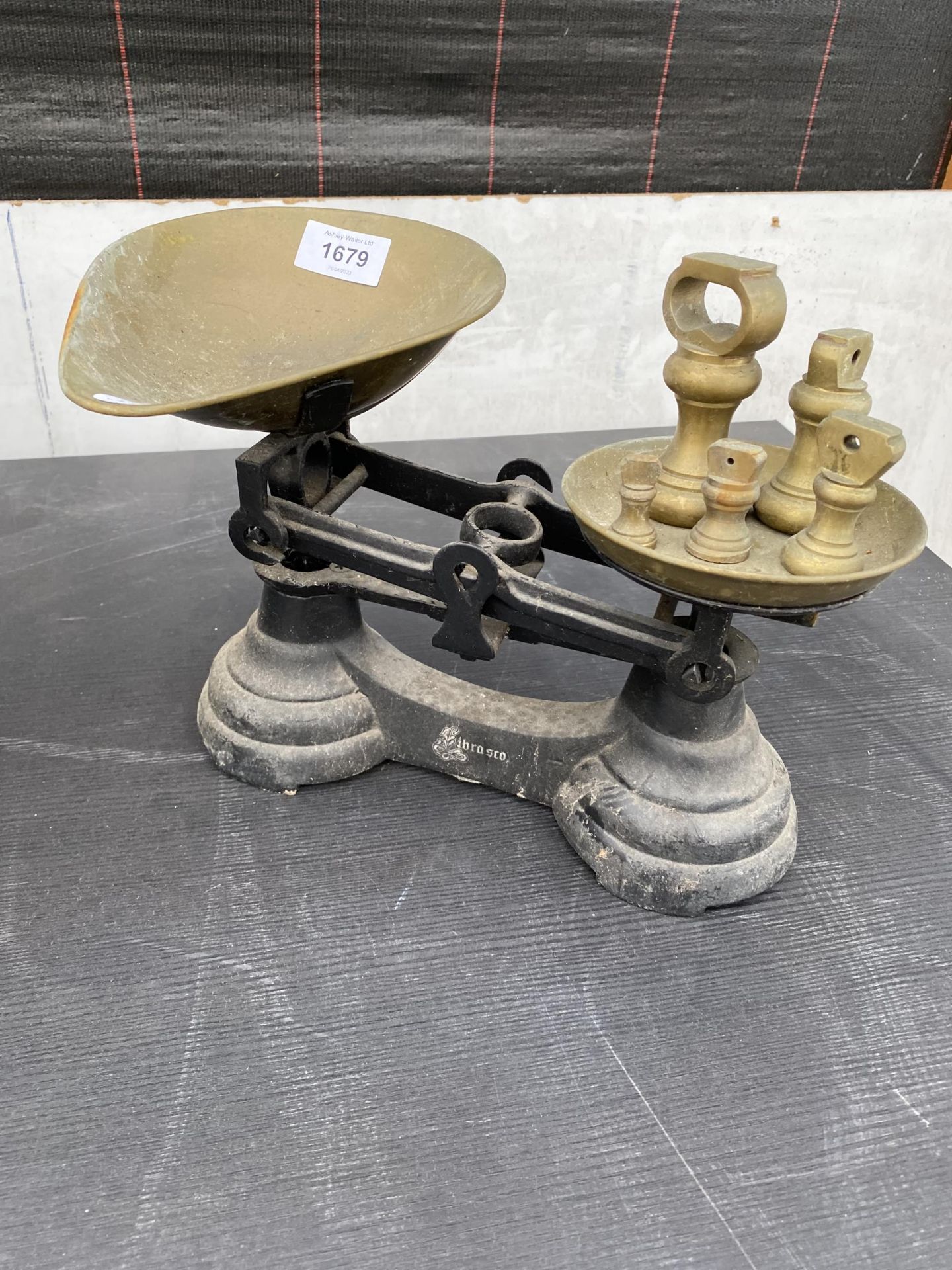 A SET OF VINTAGE SCALES AND BRASS BELL WEIGHTS