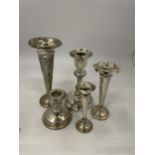 A MIXED LOT OF HALLMARKED SILVER ITEMS - ART NOUVEAU FLORAL DESIGN BUD VASE, FURTHER POSY VASES