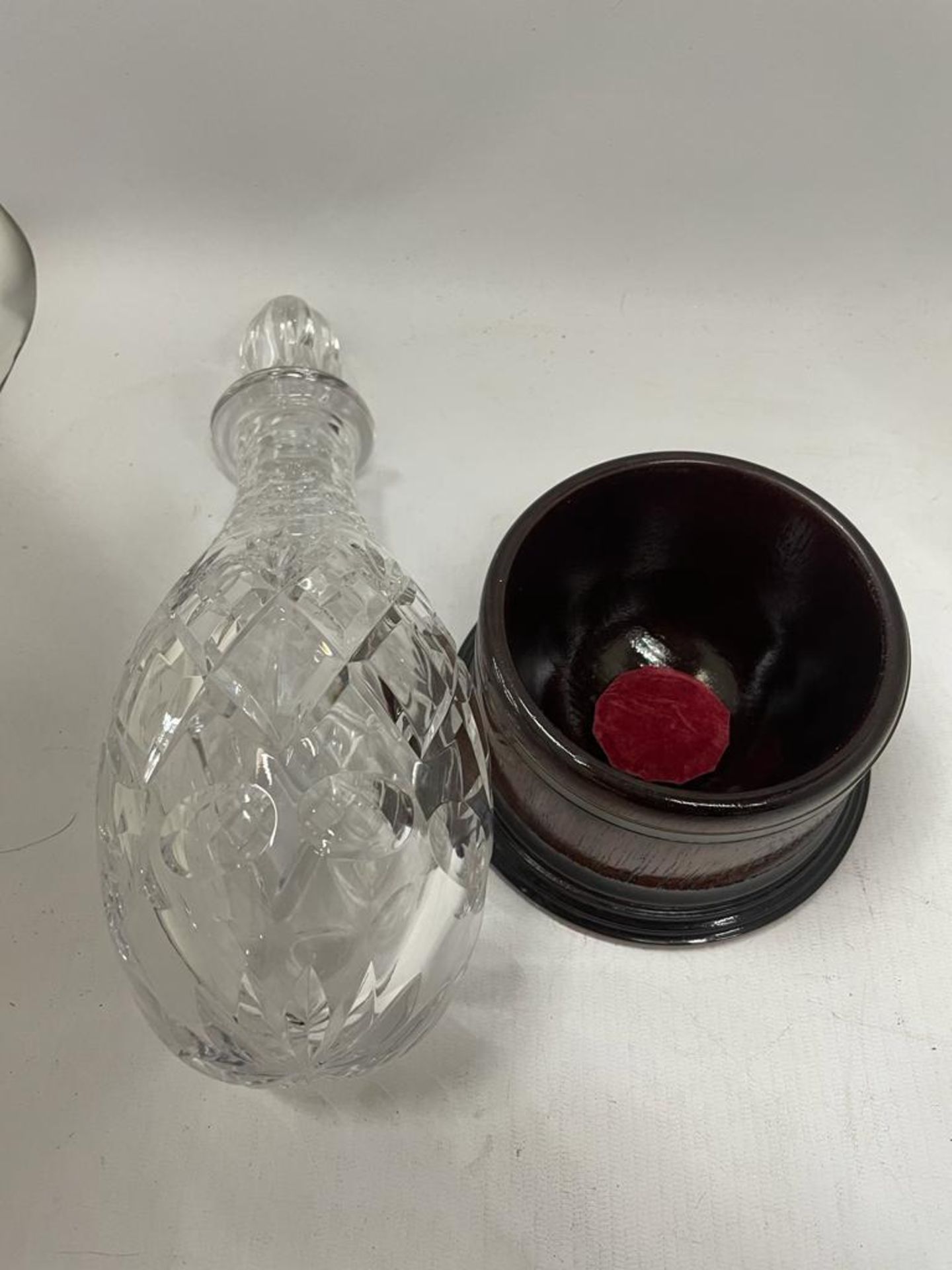 TWO CUT GLASS DECANTERS TO INCLUDE A ROYAL BRIERLEY EXAMPLE AND EXAMPLE ON WOODEN BASE - Image 2 of 3