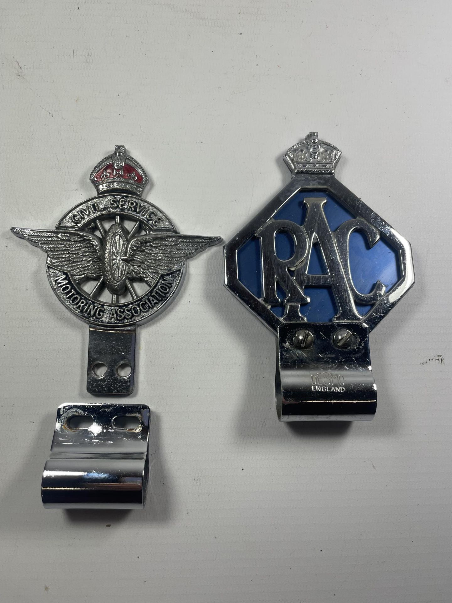 TWO VINTAGE BUMPER BADGES WITH CLIPS TO INCLUDE RAC AND CIVIL SERVICE MOTORING ASSOCIATION