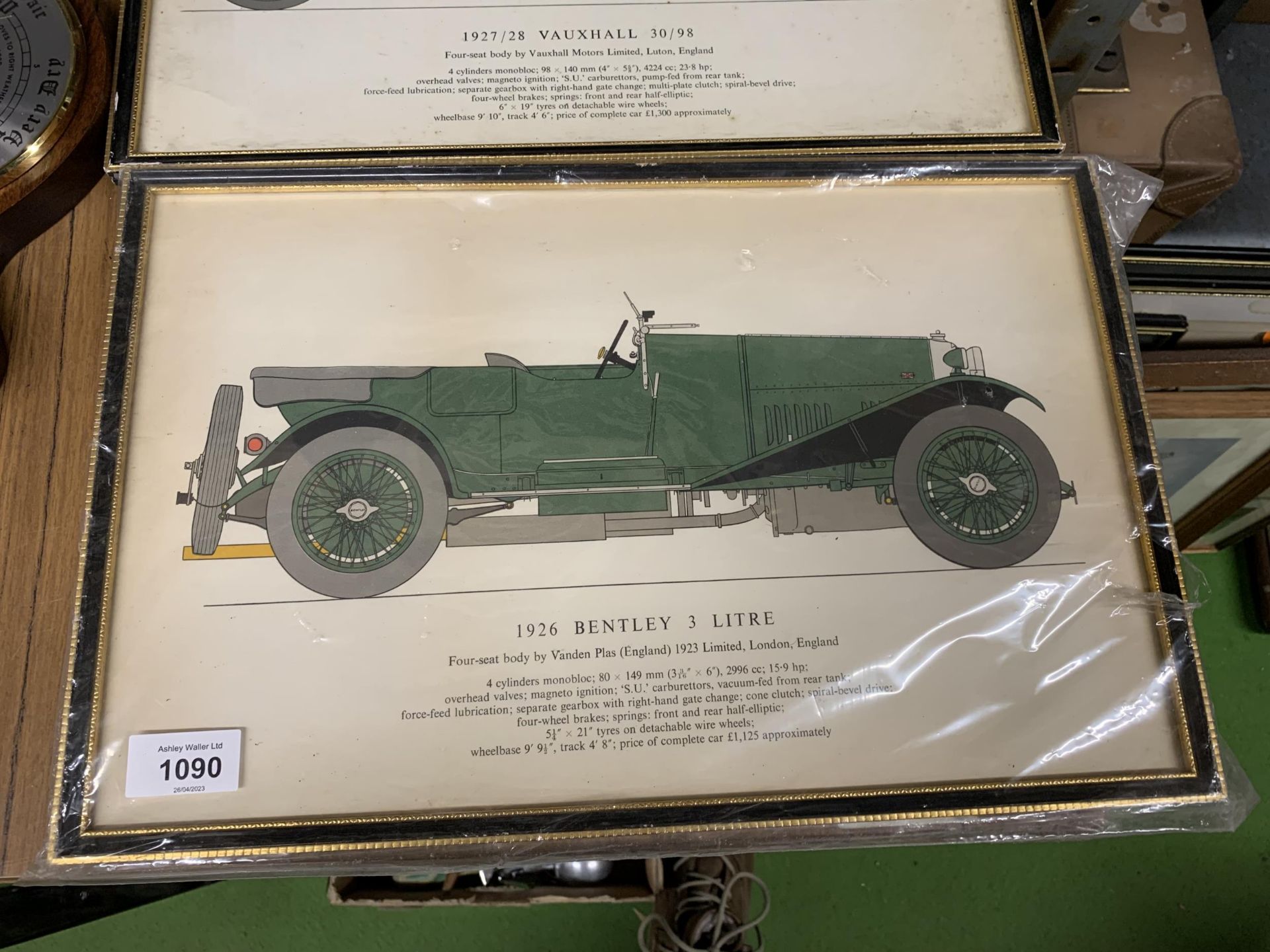 THREE FRAMED PRINTS OF VINTAGE CARS - 1926 BENTLEY 3 LITRE', 1927/28 VAUXHALL 30/98' AND '1928 - Image 6 of 6