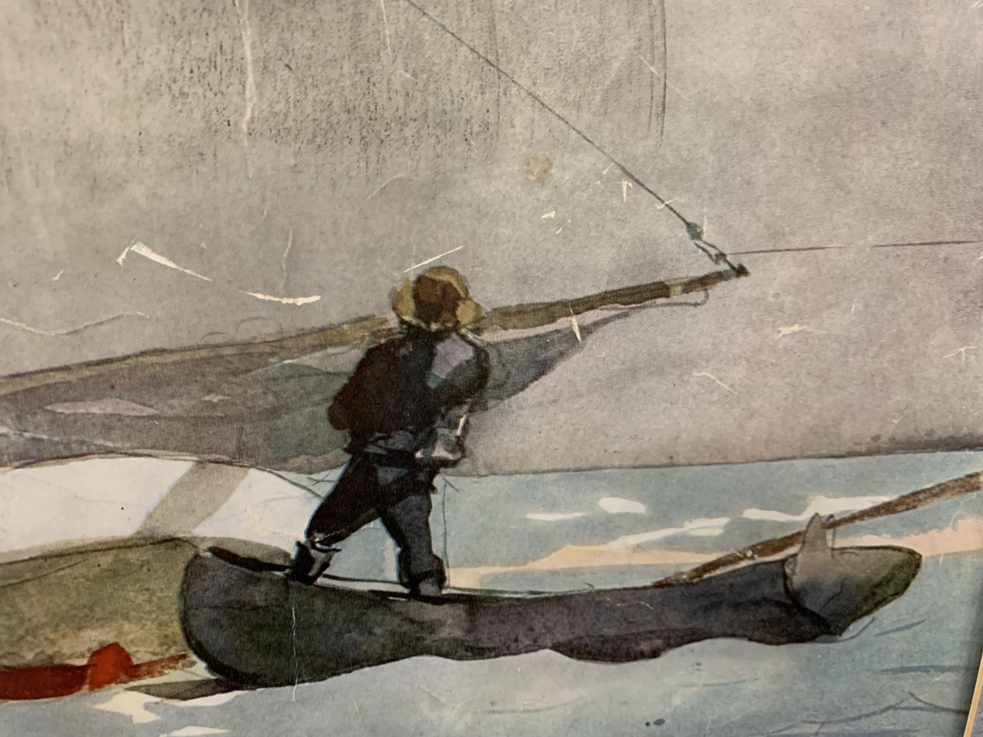 A WATERCOLOUR PRINT BY THE AMERICAN ARTIST WINSLOW HOMER - "STOWING SAIL" ON IVORY WOVEN PAPER - Image 2 of 3