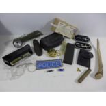 A POLICE BADGE, MILITARY MARK 5 SPECTACLES, OIL CONTAINER, TORCH ETC