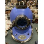 A LARGE BLUE AND CHROME DIVERS HELMET