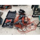 AN ASSORTMENT OF ELECTRIC POWER TOOLS TO INCLUDE DRILLS AND A CIRCULAR SAW ETC