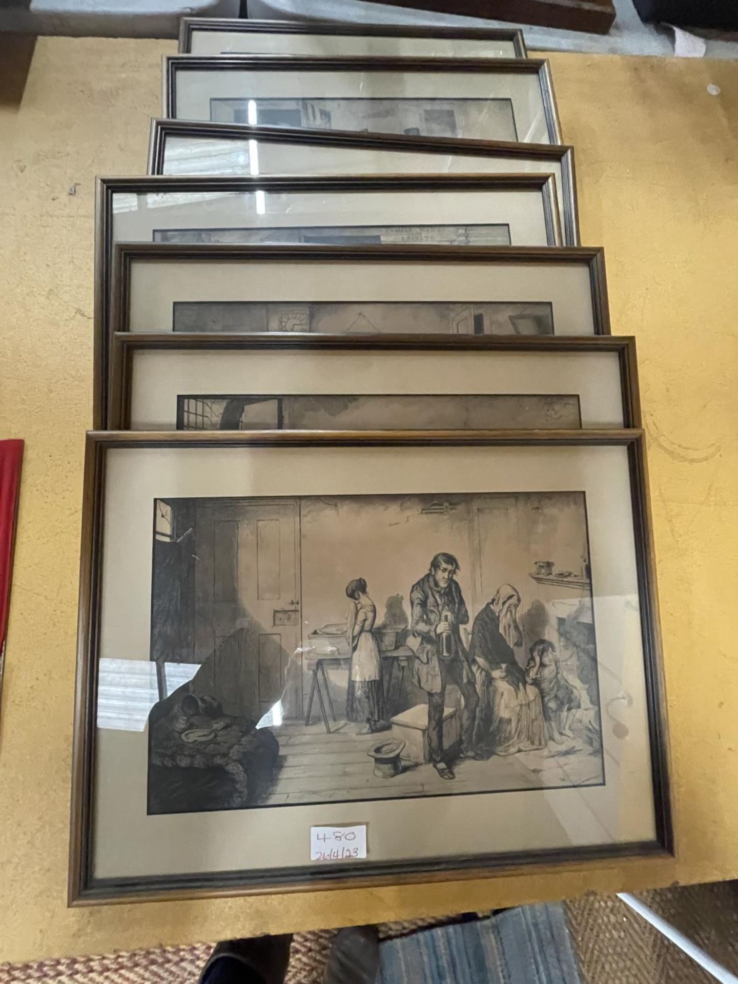 SEVEN FRAMED BLACK AND WHITE PRINTS DEPICTING TEMPERANCE MESSAGE SCENES