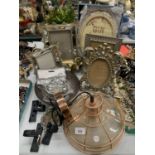 A MIXED LOT TO INCLUDE PHOTO FRAMES, A BRASS AND GLASS CEILING LIGHT, BRASS DOG CANDLESTICK, ETC