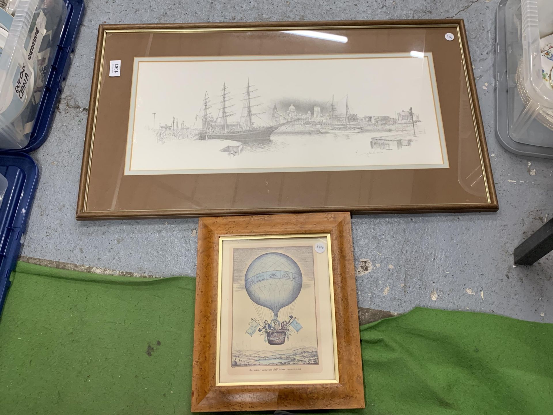 TWO FRAMED PRINTS TO INCLUDE A LIMITED EDITION GELDART BOAT EXAMPLE AND A HOT AIR BALLOON EXAMPLE
