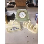 A VINTAGE CHURCHILL ONYX MARBLE MANTLE CLOCK TOGETHER WITH A LURPAK BUTTER DISH AND TOAST RACK
