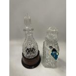 TWO CUT GLASS DECANTERS TO INCLUDE A ROYAL BRIERLEY EXAMPLE AND EXAMPLE ON WOODEN BASE
