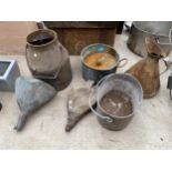 AN ASSORTMENT OF VINTAGE ITEMS TO INCLUDE A MILKING BUCKET, A FUNNEL AND A LARGE JUG ETC