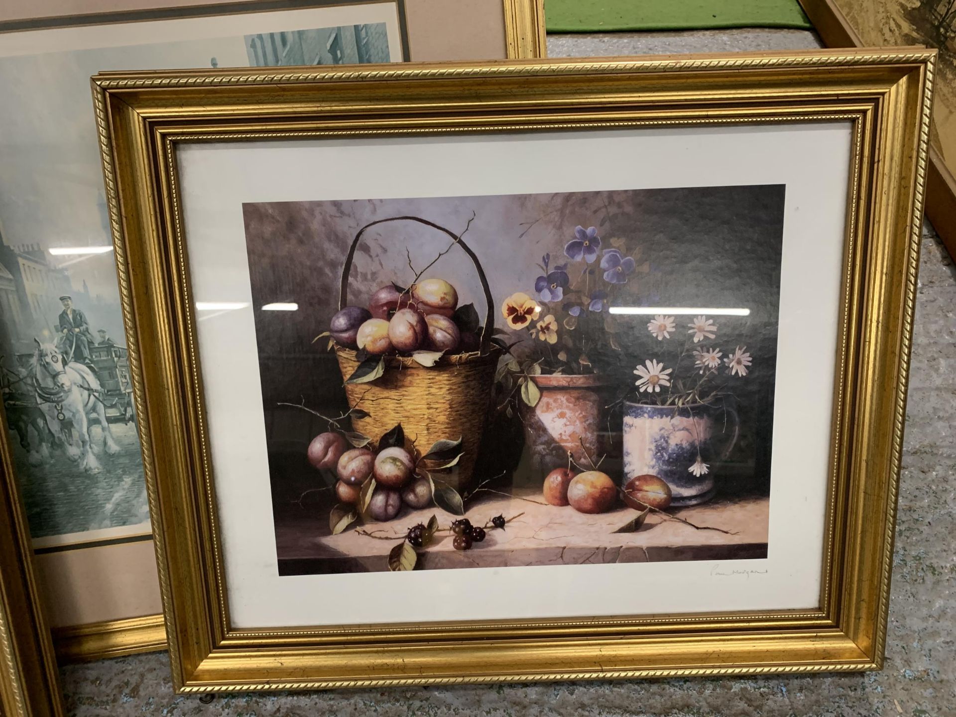 THREE GILT FRAMED PRINTS, TWO STILL LIFE FLOWERS AND FRUITS, THE OTHER A VICTORIAN STREET SCENE - Image 3 of 6