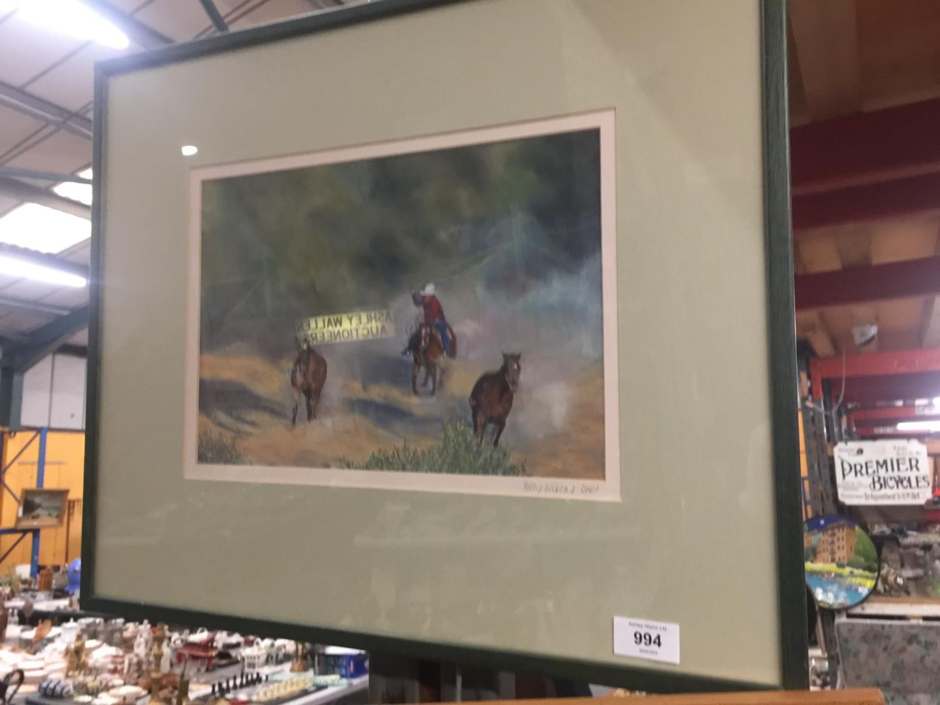 A FRAMED AND MOUNTED SIGNED PRINT 2001 BY POLLY WISCUS ARTIST OF COWBOY AND HORSES SCENE - Image 2 of 4