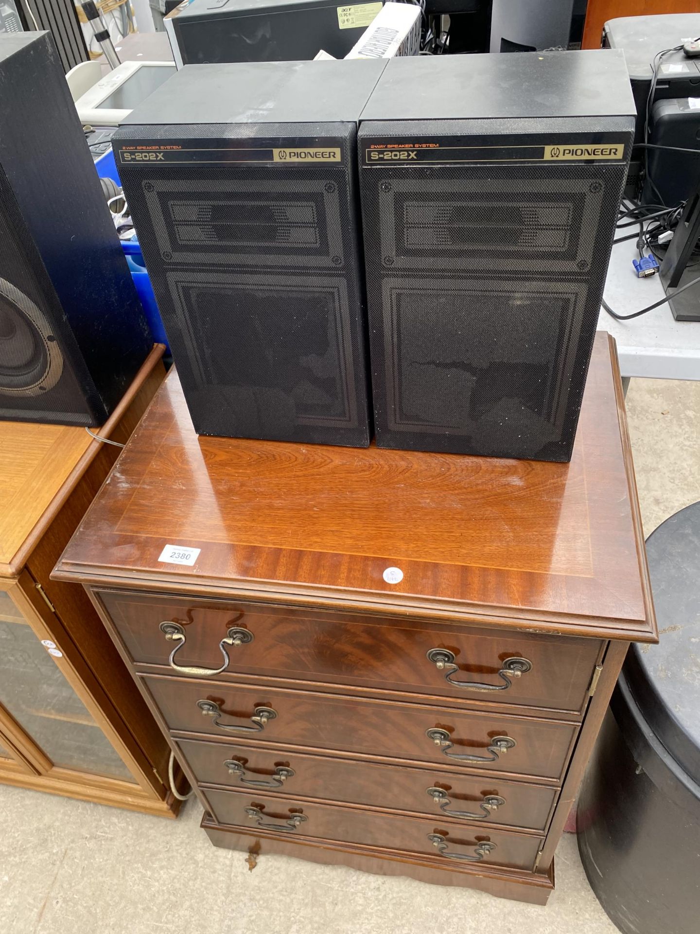 A RETRO MEDIA CABINET WITH A PIONEER STEREO SYSTEM AND TWO PIONEE SPEAKERS