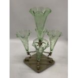 A VINTAGE SILVER PLATED EPERGNE WITH GREEN ETCHED GLASS HOLDERS