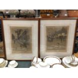 TWO VINTAGE STYLE PRINTS OF VICTORIAN STREET SCENES SIGNED IN PENCIL CECIL ALDIN 61CM X 71CM