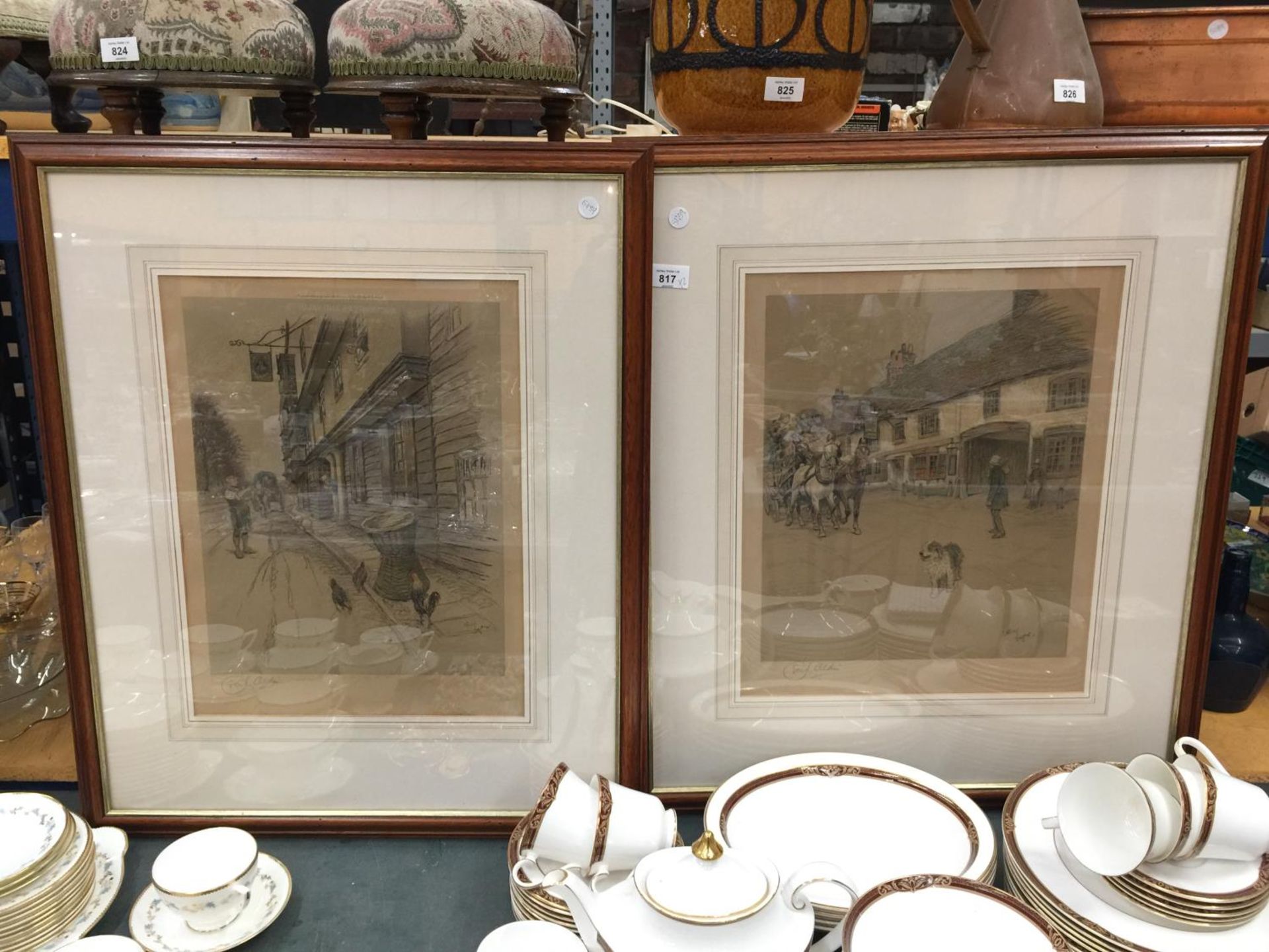 TWO VINTAGE STYLE PRINTS OF VICTORIAN STREET SCENES SIGNED IN PENCIL CECIL ALDIN 61CM X 71CM