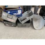 FIVE GALVANISED TRAYS AND A LARGE SCOOP