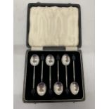 A CASED SET OF SIX HALLMARKED SILVER COFFEE BEAN SPOONS