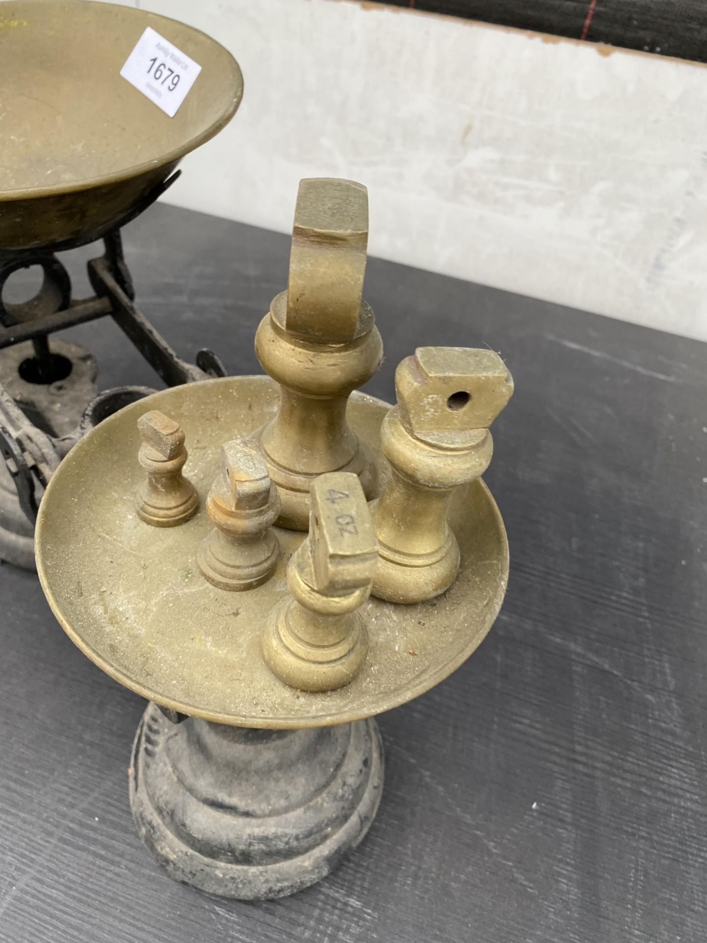 A SET OF VINTAGE SCALES AND BRASS BELL WEIGHTS - Image 2 of 2