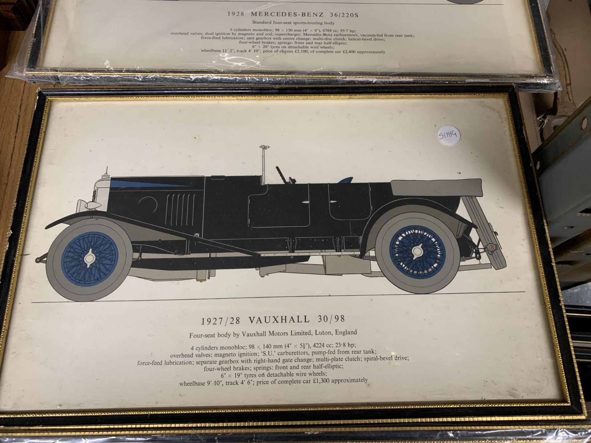 THREE FRAMED PRINTS OF VINTAGE CARS - 1926 BENTLEY 3 LITRE', 1927/28 VAUXHALL 30/98' AND '1928 - Image 4 of 6