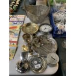 A QUANTITY OF SILVER PLATED ITEMS TO INCLUDE PLATES, A WALL CLOCK, A GOBLET, MONEY BOX, BASKET, ETC