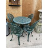 A VINTAGE CAST ALLOY BISTRO SET COMPRISING OF A ROUND TABLE AND FOUR CHAIRS