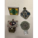 A GROUP OF FOUR VINTAGE CAR BADGES - RAC, AA, BRITISH FIELD SPORTS SOCIETY AND SUNBAC