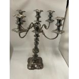 A VINTAGE SILVER PLATED FIVE BRANCH CANDLEABRA WITH PRINCE OF WALES PRESENTATION ENGRAVING TO BASE