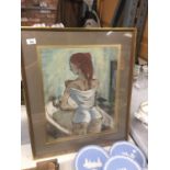 A FRAMED PRINT OF A GIRL PREPARING TO BATHE