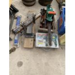 AN ASSORTMENT OF TOOLS TO INCLUDE A HEDGE TRIMMER, A BLACK AND DECKER DRILL AND A BRACE DRILL ETC