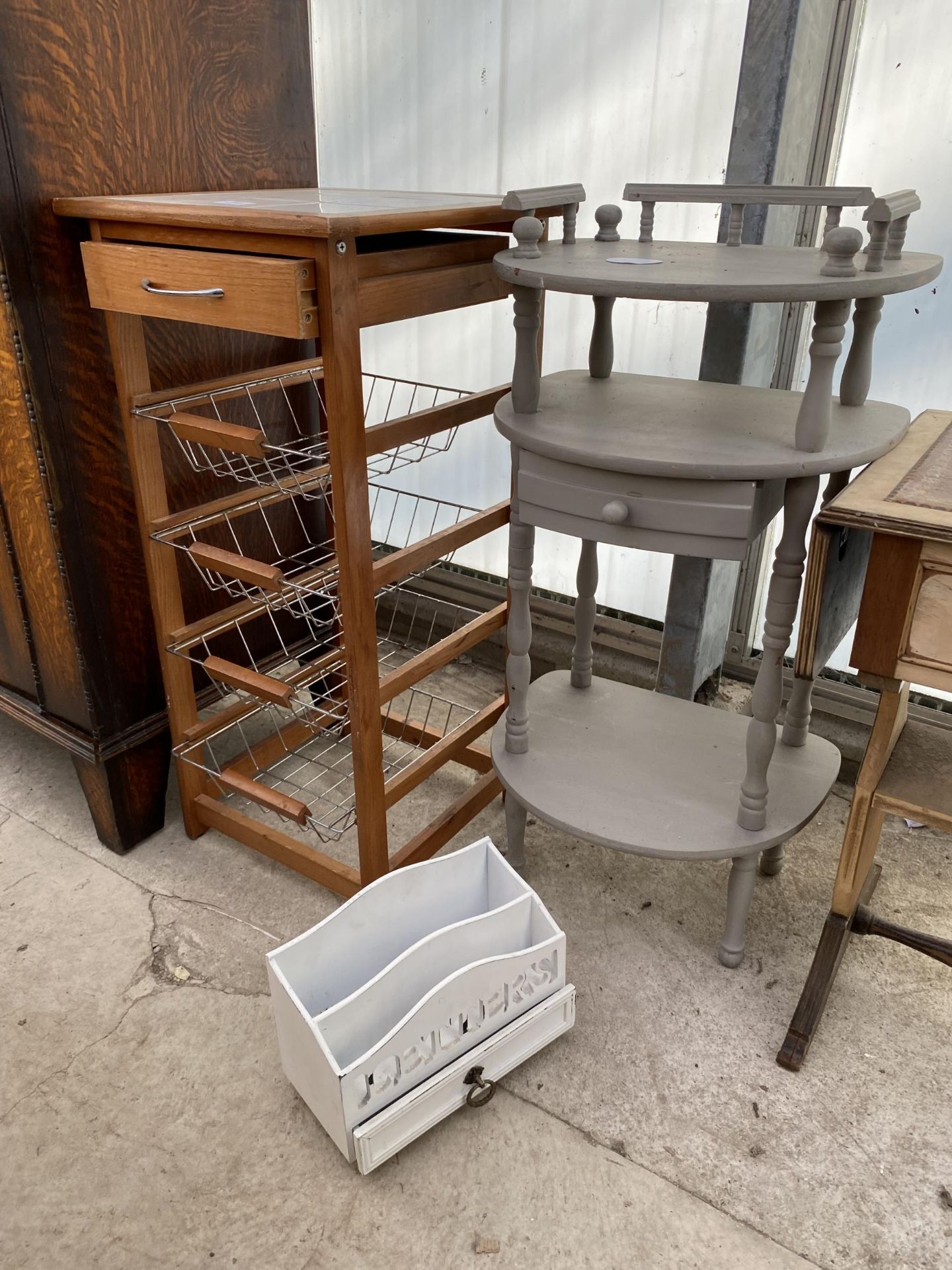 A MODERN TILED TOP KITCHEN RACK, TELEPHONE TABLE, LETTER RACK AND A SMALL DROP LEAF TABLE - Image 2 of 3