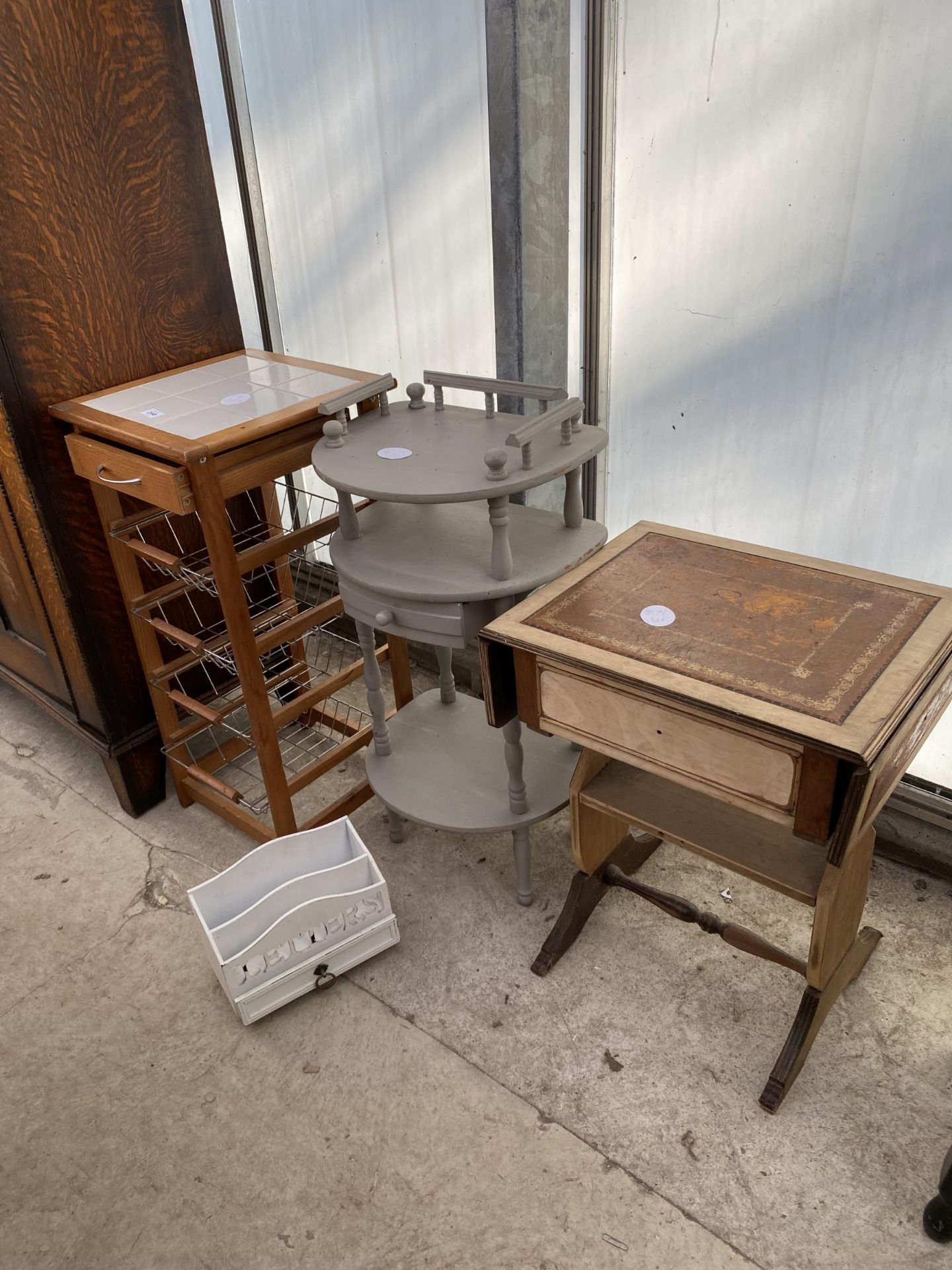 A MODERN TILED TOP KITCHEN RACK, TELEPHONE TABLE, LETTER RACK AND A SMALL DROP LEAF TABLE