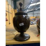 A LARGE MAHOGANY LIDDED URN HEIGHT APPROX 39CM