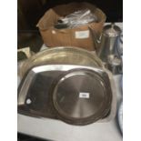 A LARGE QUANTITY OF FLATWARE PLUS STAINLESS STEEL TRAYS, A COFFEE POT, ETC