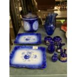 A COLLECTION OF VINTAGE BLUE CERAMIC ITEMS - CONTINENTAL LIDDED BISCUIT JAR, BLUE GLASS ETC