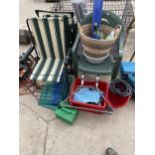 AN ASSORTMENT OF ITEMS TO INCLUDE GARDEN CHAIRS, A LADDER RACK AND A MOP BUCKET ETC