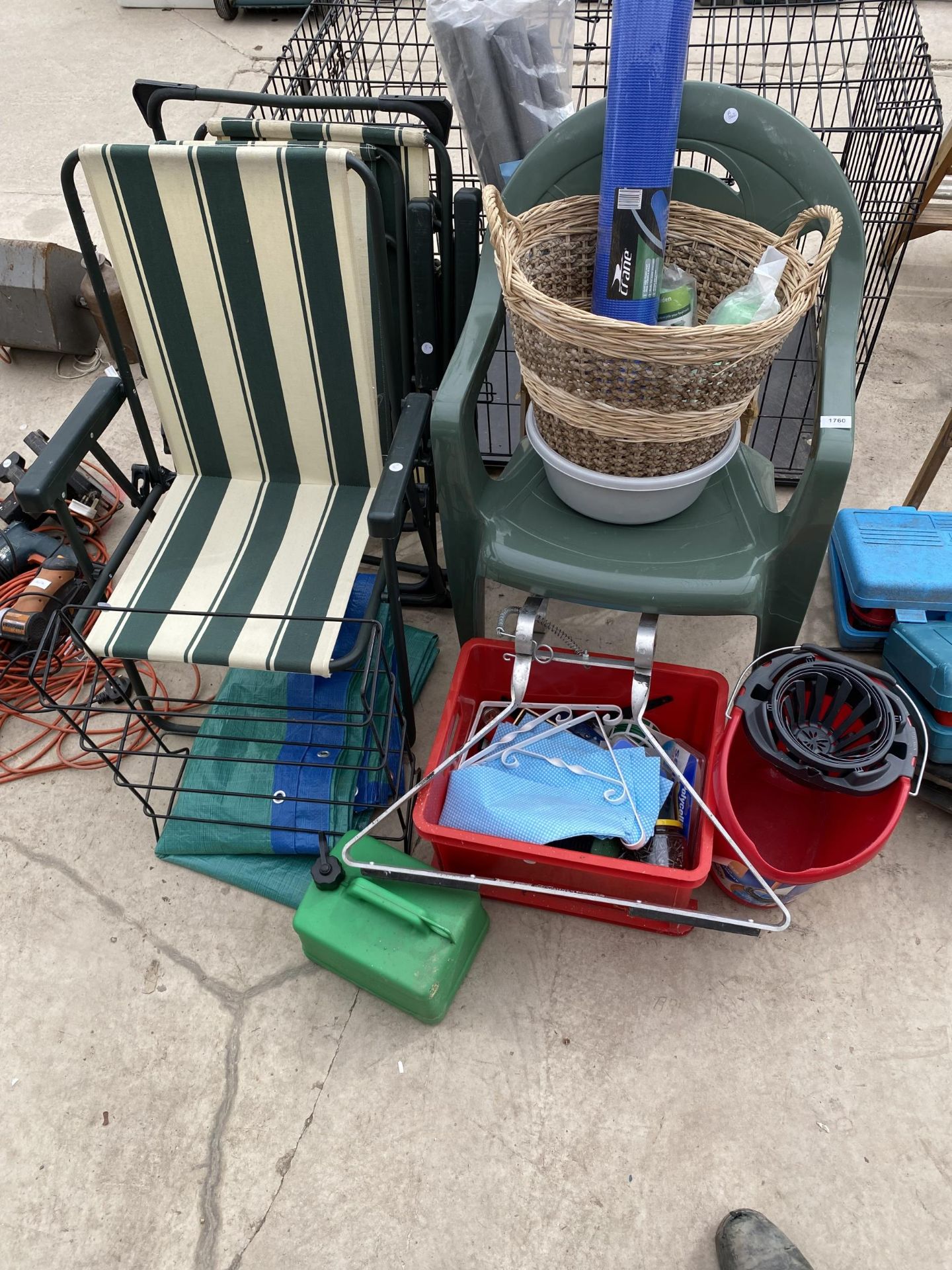 AN ASSORTMENT OF ITEMS TO INCLUDE GARDEN CHAIRS, A LADDER RACK AND A MOP BUCKET ETC